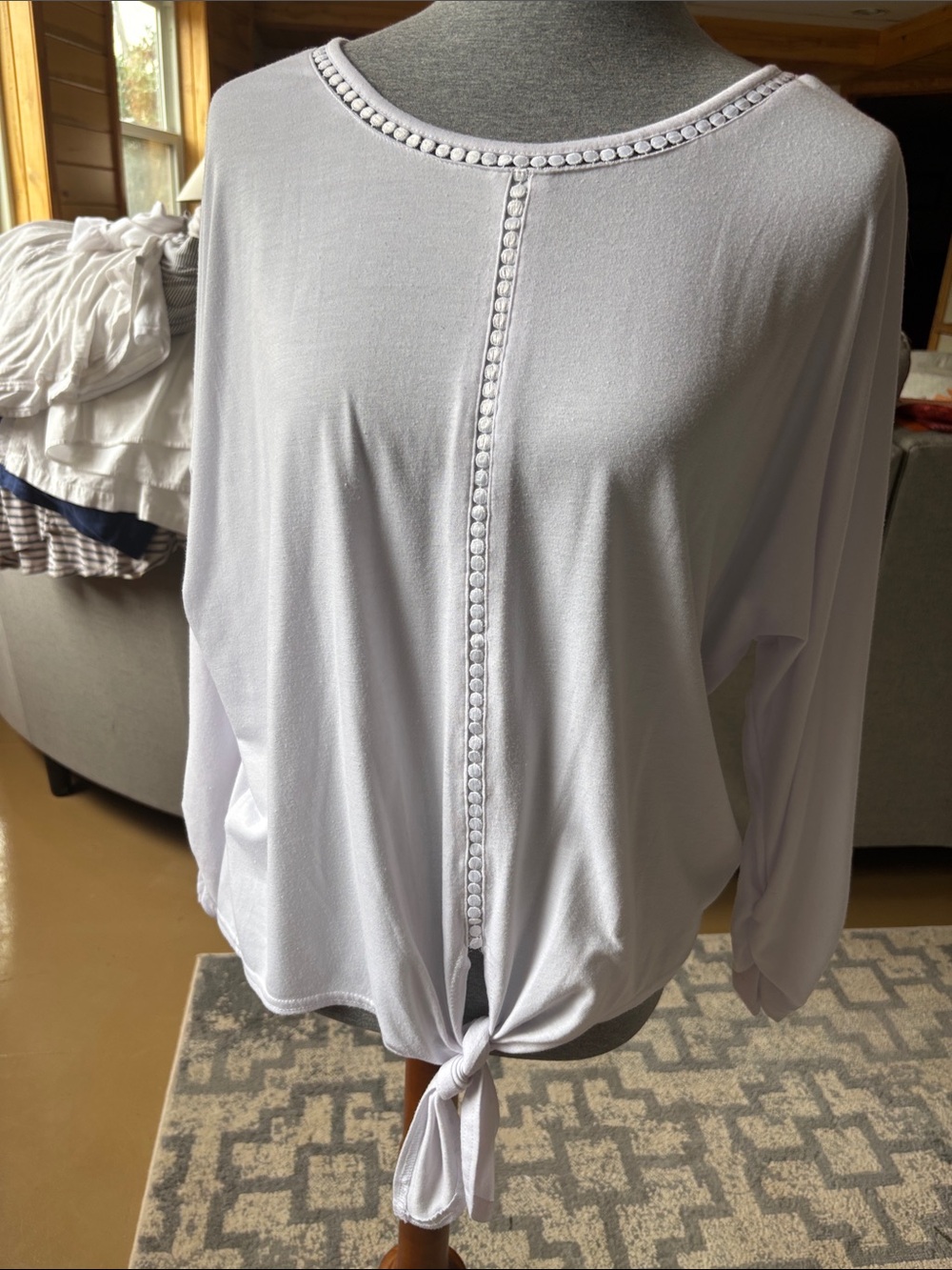 Women’s White Tie-Front Blouse with Decorative Trim